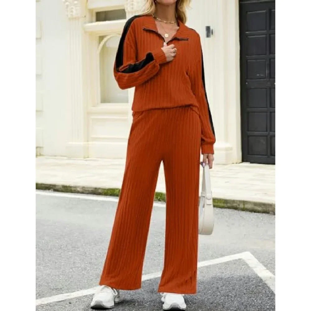 Ribbed Knit Lounge Set Half Zip Sweatshirt Wide Leg Joggers